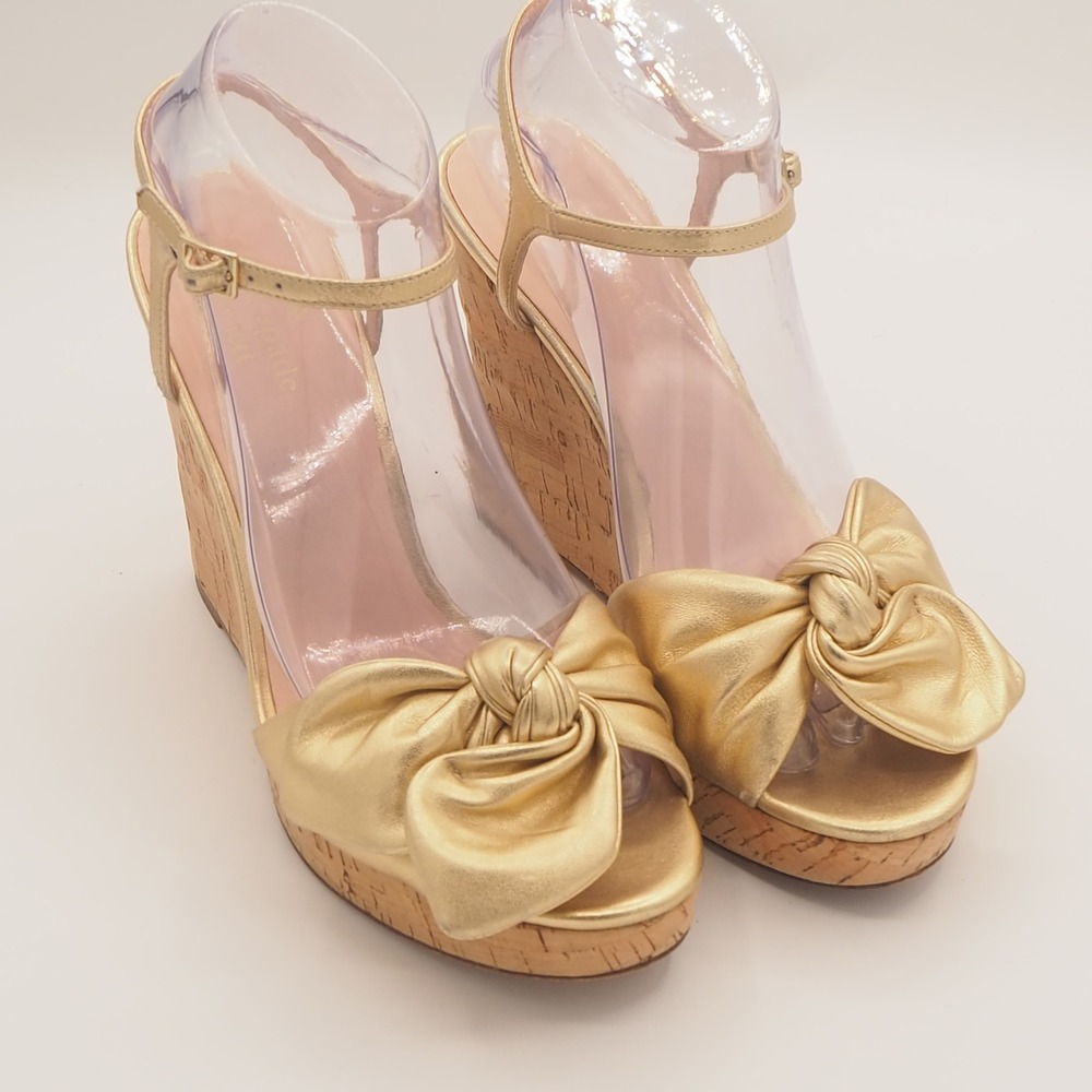 Kate Spade Tianna Cork Espadrille Wedge Sandals US 8 Gold Leather Event